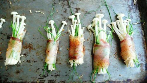 enoki wrapped in pancetta with chives